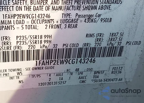 2012 Ford Taurus Sel from USA, damaged, VIN 1FAHP2EW9CG143246